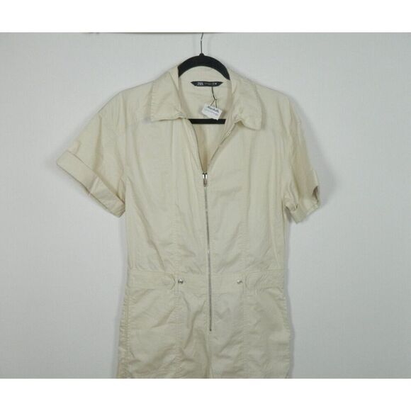 Zara Jumpsuit Size Small Beige Relaxed Fit Wide Leg Cargo Pocket Zipper Front - Picture 15 of 16
